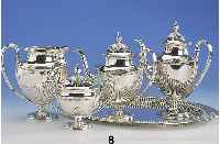 5-teil. Kaffee- und Teeservice, Italien, 20 Jh., 800er Silber, reiner Klassizismus, Perlleistenverzierung, abstr. floral, best. aus: 2 Kannen, ...