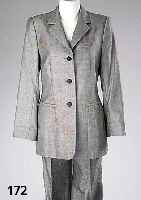 Hosenanzug, VAN LAACK, Gr. 38, grau-schwarz, Seide/Schurwolle, Hosenl. ca. 103 cm, Blazer L. ca. 73 cm, ehem. UVP lt. Einl. DM 1400.-