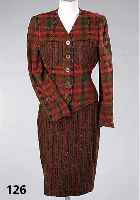 KostÜm, UNGARO, Gr. 38, Wolle, Orange-GrÜne Herbstfarben, Rock lÄngs ge- streift, L. ca. 63 cm, kragenloser Blazer kariert, L. ca. 50 cm, ...
