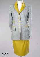 KostÜm, MARIO BORSATO-Couture, Gr. 38, Wolle/Leder, gelber Lederrock, L. ca. 57 cm, blau-gelbe Jacke mit gelbem Lederkragen, Jackentaschen mit ...