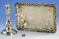 Rechteckiges Tablett und Kerzenleuchter, deutsch ca. 30er Jahre, Barockstil, 800er Silber, SchwÄbisch GmÜnder Manufakturen, to- tal ca. 575 g ...