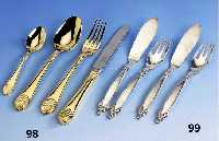 Besteck fÜr 12 Personen, Metall 24 kt hartvergoldet, zeitloser, eleganter Dekor mit Riefen, best. aus: 12 Messer, 12 Gabeln, 12 LÖffel, 12 ...