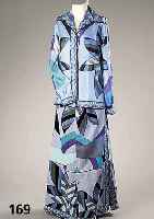 2-Teiler EMILIO PUCCI, Italien 70er Jahre, Gr. 10 (ca. 36), best. aus: Bluse 100% Seide, typ. Pucci-Muster in versch. Blau- tÖnen mit Lila, Grau ...