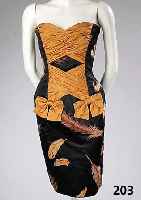 Minikleid, Gr. 38, PETER KEPPLER, schwarze Seide mit Flockprint, Federdesign, eingearbeitete Korsage, trÄgerlos, L. ca. 83 cm, ehem. Neupreis DM ...