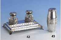 Schrebitischablage mit 2 TinenfÄssern, 925er Silber, Meistermarke T. FREDBERG, Norwegen, Ablagenleiste fÜr 2 Stifte, TintenfÄsser Glas, ...
