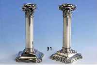 Kerzenleuchterpaar, 800er Silber, deutsch/ SchwÄbisch GmÜnd um 1900, W. Binder, korin- thisher Stil, gefÜllt, H. ca. 19 cm