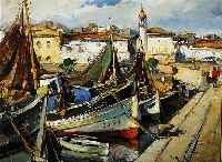 Sarquella Escobet, Josep, geb. 1928 Spanien, international geschÄtzter spanischer KÜnstler, hier ein frÜhes Werk um 1950: Mediterraner Hafen mit ...