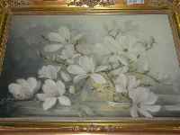 Monogamist, deutsch, 50er Jahre, Magnolienzweige in Vase, Öl auf Leinwand, im Barockstilrahmen