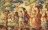 Gobeline, Flandern, um 1620, ca. 329 x 185 cm .AltersgemÄßer Zustand .Seide korediert Moses auf dem Weg zum Berg Sinai.