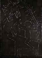 Haring, Keith, 1958 - 1990, Subway Drawing, Kreide auf schwarzem Papier, auf Lwd aufgezogen, ca. 125 x 87 cm