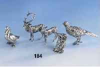 Tischdekoration: Gruppe 5 Wildtiere, 925er Silber massiv, verschiedene Darst.: Hirsch, Hirschkuh, Fasan, Eule und Gans, total 335 g, ...