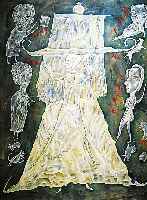Russischer KÜnstler Ende 20. Jh., Personenkomposition mit Hunden, Öl/Lwd., kyrillisch sign., 100 x 80 cm, R.