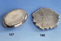 Ovale Deckeldose, Pforzheim um 1930, Georg Lauer (Laudier), 925er Silber, innenvergoldet, Scharnierdeckel guillochiert und graviert im Barockstil, ...