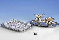 Zuckerschale und Sahnegießer auf Tablett, und Kristallanbietschale auf Silbertablett, 925er Silber, Barockstil, Silbergewicht zus. ca. 400 g, ...