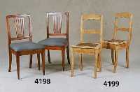 6 SpÄtbiedermeierstÜhle, deutsch, um 1860/70, Kirschbaum und RÜster massiv, zum Teil ge- bleicht, leicht geschwungene Beine, RÜckenleh- ne ...