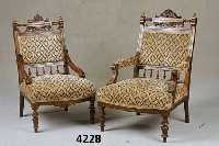 2 Stuhlsessel, deutsch, um 1890/1900, GrÜn- derzeit, Gestell Weichholz, Buche massiv, reich gedrechselt, Schnitzereien aus dem Voll- holz, ...