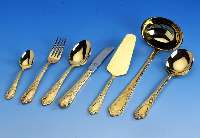 Besteck fÜr 12 Personen, 24 kt hartvergoldet, Solingen, best. aus: 12 Menuemesser, 12 Menuegabeln, 12 MenuelÖffel, 12 Kaffee- lÖffel, 12 ...