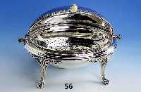 Warmhalte-Terrine, 30er Jahre, Metall versilbert, Meistermarke EPNS, 4 Klauen- fÜße mit Maskeron, Schaleneinsatz mit Perl- leistenverzierung, ...