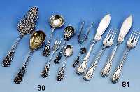 Fischbesteck fÜr 6 Personen, deutsch um 1900, 800er Silber, reiner Jugendstil, Bes.-Monogr. H., Meistermarke BSF, floral graviert, best. aus: 6 ...