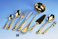 70-teiliges Besteck fÜr 12 Personen, 24 kt hartvergoldet, Barockstil, best. aus: 12 Messer, 12 Gabeln, 12 LÖffel, 12 Kaffee- lÖffel, 12 ...