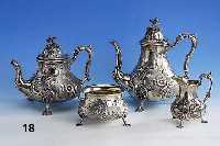 4-teil. Kaffee- und Teeservice, deutsch Wilkens Bremen dat. 12.Juni 1864, 13-lÖtig, Rokokostil, reicher Blumendekor, Treibarbeit, fein punziert, ...