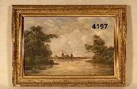 Naturlandschaft, deutsch um 1930, Dorf mit See, Rahmen beschÄdigt, Öl auf Leinwand, Ge- brauchsspuren, ca. 49x74 cm