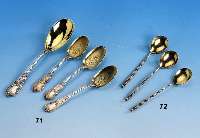 6 TeelÖffel, Rußland nach 1965, 84er Silber vergoldet, guodronierter Stil, L. ca. 14 cm