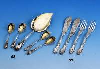 Fischbesteck fÜr 6 Personen, Metall versilbert, um 1910, Meistermarke Bern- dorf, ligiertes Monogr., reich graviert mit Fisch- und Pflanzenmotiv ...