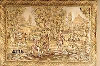 Webbild, nach Vorbild eines franz. Gobelin d. 17. Jhd., Jagdgesellschaft in idealer Land- schaft, feine pastelle Farben, Maße ca. 170x 118 cm
