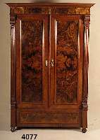 GrÜnderzeitschrank, deutsch, um 1890/1900, Korpus Weichholz, Wurzelnußfurnier, sehr leb- haft gespiegelt, Front z.T. auf Rahmen gear- beitet, ...