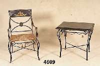 WintergartenmÖbel, im Stil von 1840/50, be- stehend aus Tisch und 2 ArmlehnstÜhlen, Barockstil mit Biedermeiereinfluß, Schmiede- eisen ...