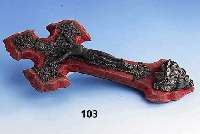 Kruzifix, wohl Frankreich um 1870, Galvani-Guß, Reste alter Versilberung, auf Samtuntergrund mit Metallmontur, 1 Befestigung lose, Abschluß m. ...