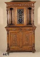 Vielzweckschrank, Belgien, um 1890/1900, Eiche massiv, zweiteilig, aufgesetzte Blatt- schnitzerei, drei NarrenkÖpfe, aus dem Voll- holz ...