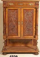 Kabinettschrank, deutsch, um 1880, GrÜnder- zeit, Korpus Weichholz und Eiche, Nußbaum- bzw. Wurzelnußfurnier gespiegelt, kasettiert, unten ...