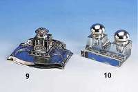 Schreibtischablage mit Tintenfaß, Metall versilbert, deutsch um 1900, Jugendstil, Glaskorpus min. best., floraler Dekor, stil- typ. Versilberung ...