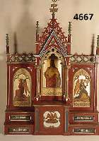 Ein Oberteil eines Kirchenaltars, dt. um 1860/ 70, sogenannte Neugotik, Weichholz/Hartholz bunt gefaßt, z.T. vergoldet, teilweise alte Fassung, ...