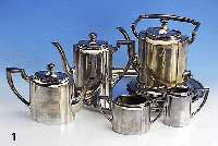 5-teil. Kaffee- und Teeservice auf Tablett, 800er Silber, Gebr. KÜhn SchwÄbisch-GmÜnd, um 1905/08, Perlleistenverzierung, best. aus: ...