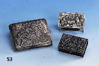 Konvolut Zigarettenetui, 2 StreichholzbehÄlter m. Personenstaffage, 800/830er Silber, wohl Hanau um 1900, bÄuerliche Szenen nach Ostade, zus. ca. ...
