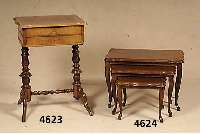 NÄhtischchen, wohl deutsch, um 1870, Nuß- baum und Weichholz, dunkel gebeizt, z.T. furniert, aufklappbare Platte mit Wurzelnuß- furnier, ...