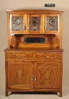 KÜchenbuffet, deutsch, um 1920, Weichholz, Pitchpine, Oberteil mit bunter Jugendstilver- glasung, 3-tÜrig, Perlleistenverzierung, ori- ginal ...