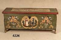 Linnentruhe, deutsch, um 1850/60, WH, bunte Bemalung, Malerei u. Fassung z.T. sekundÄr (um 1900/10), original BeschlÄge u. Schloß, zierlich, ...
