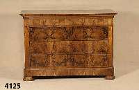 5-schÜbige Kommode, sÜddeutsch, um 1870/80, Korpus Weichholz, Wurzelnußfurnier, 4-fach ge- spiegelt, schÖnes Gesamtbild, abgeschrÄgte Ecken, ...