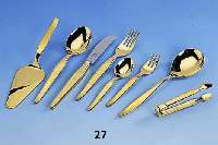 Besteck fÜr 12 Personen, Solingen, 24 kt- hartverg., 70er Jahre, Rautenmuster, best. aus: 12 Messer, 12 Gabeln, 12 LÖffel, 12 KaffeelÖffel, 6 ...