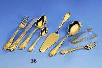 Besteck fÜr 12 Personen, 24 kt hartergoldet, Barockstil, bestehend aus: 12 MenÜlÖffel, 12 MenÜgabeln, 12 MenÜmesser, 12 KaffelÖffel, 12 ...