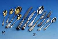 67-teiliges Besteck, deutsch, 800er Silber, Bremer Silberwarenfabrik, Entwurf 30er Jahre, best. aus: 12 Messer (Griffe gefÜllt, Klingen Stahl, 1 ...
