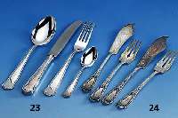 Fischbesteck, 800er Silber, deutsch um 1900, BSF = Bremer Silberwaren-Fabrik, best. aus: 6 Gabeln, 5 Messern, klass., Jugendstil grav., zisel., ...