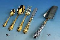 Besteck fÜr 12 Personen, 23/24 kt hartver- goldet, Solingen, best. aus: 12 Messer, 12 Gabeln, 12 LÖffel, 12 KaffeelÖffel, 12 Kuchengabeln, ...