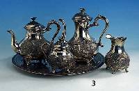 Kaffee- und Teeset, deutsch um 1890/1900, B. Ploch?, Metall versilbert, Barockstil, feiner Guß nachgestochen, BlumenbekrÖnung, sehr Prunkvoll, ...