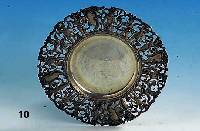 Anbietteller, deutsch um 1900, 800er Silber, Rand mit Durchbrucharbeit in Form von Putti, Instrumenten und floralem Dekor, ca. 335 g, D ca. 23 cm