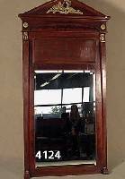Spiegel, deutsch, um 1880, Korpus Weichholz, Mahagonifurnier, Empirestil, reichlich deko- riert, mit Messingapplikationen, sehr edel, ca. 202x94 cm